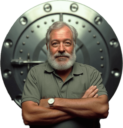 Ernest Hemingway standing in front of a vault.