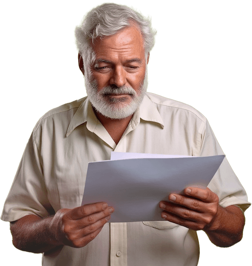 Ernest Hemingway reading a sheet of paper.