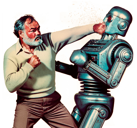 Ernest Hemingway punching a robot.