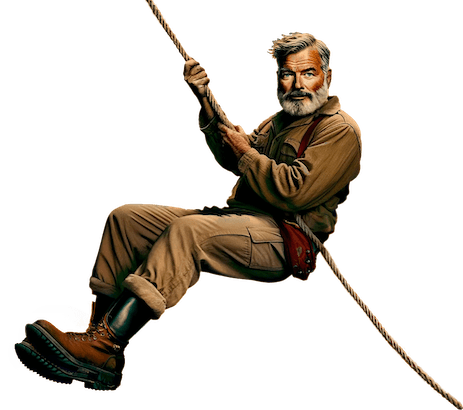 Ernest Hemingway swinging on a rope.